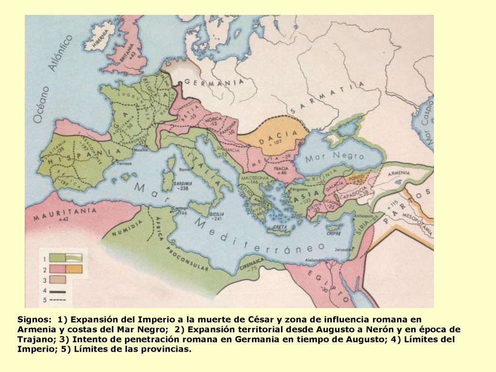 Signos: 1) Expansión del Imperio a la muerte de César y zona de influencia romana en Armenia y costas del Mar Negro; 2) Expansión territorial desde Augusto a Nerón y en época de Trajano; 3) Intento de penetración romana en Germania en tiempo de Augusto; 4) Límites del Imperio; 5) Límites de las provincias.