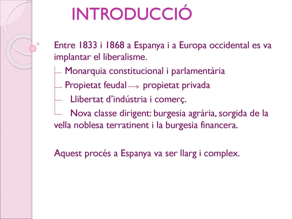 INTRODUCCIÓ Entre 1833 i 1868 a Espanya i a Europa occidental es va implantar el liberalisme. Monarquia constitucional i parlamentària.