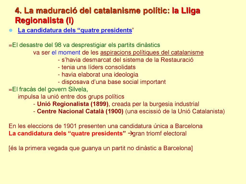 4. La maduració del catalanisme polític: la Lliga Regionalista (I)