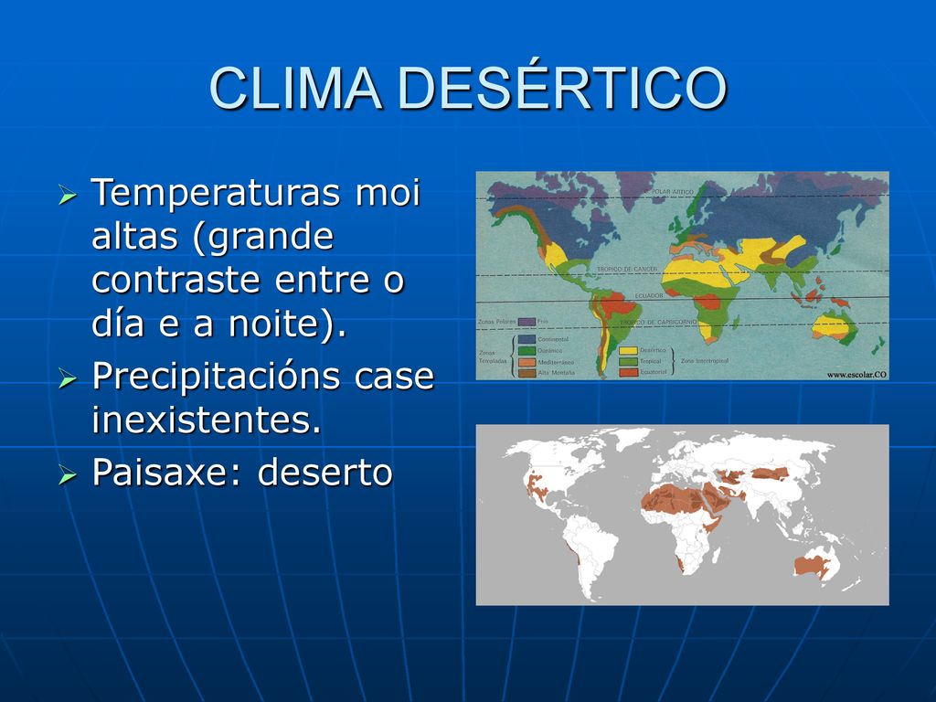 CLIMA DESÉRTICO Temperaturas moi altas (grande contraste entre o día e a noite). Precipitacións case inexistentes.