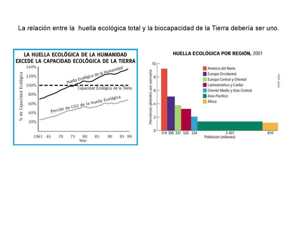 La relación entre la huella ecológica total y la biocapacidad de la Tierra debería ser uno.