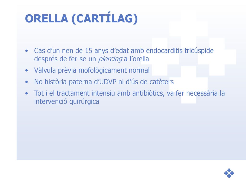 ORELLA (CARTÍLAG) Cas d’un nen de 15 anys d’edat amb endocarditis tricúspide després de fer-se un piercing a l’orella.