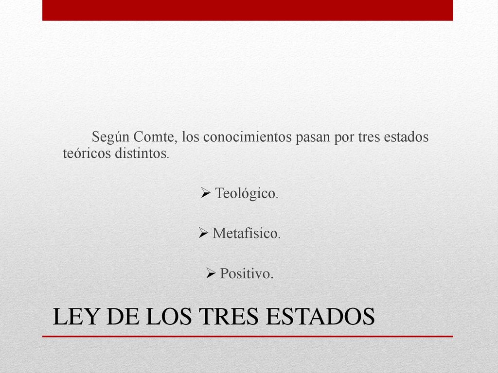 Según Comte, los conocimientos pasan por tres estados teóricos distintos.