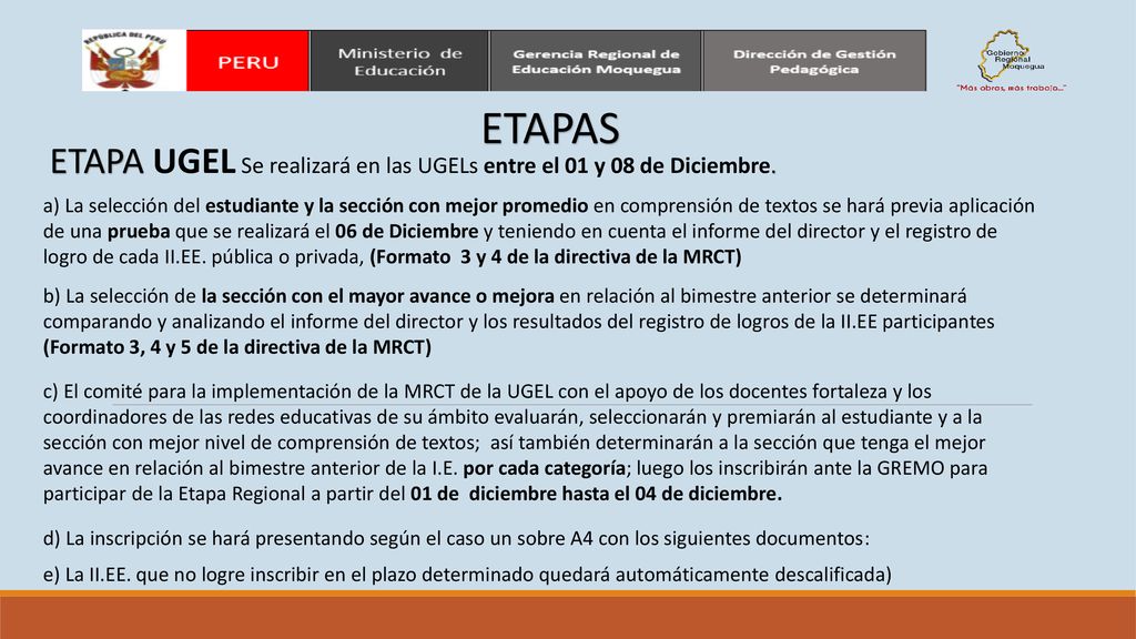 ETAPAS ETAPA UGEL Se realizará en las UGELs entre el 01 y 08 de Diciembre.
