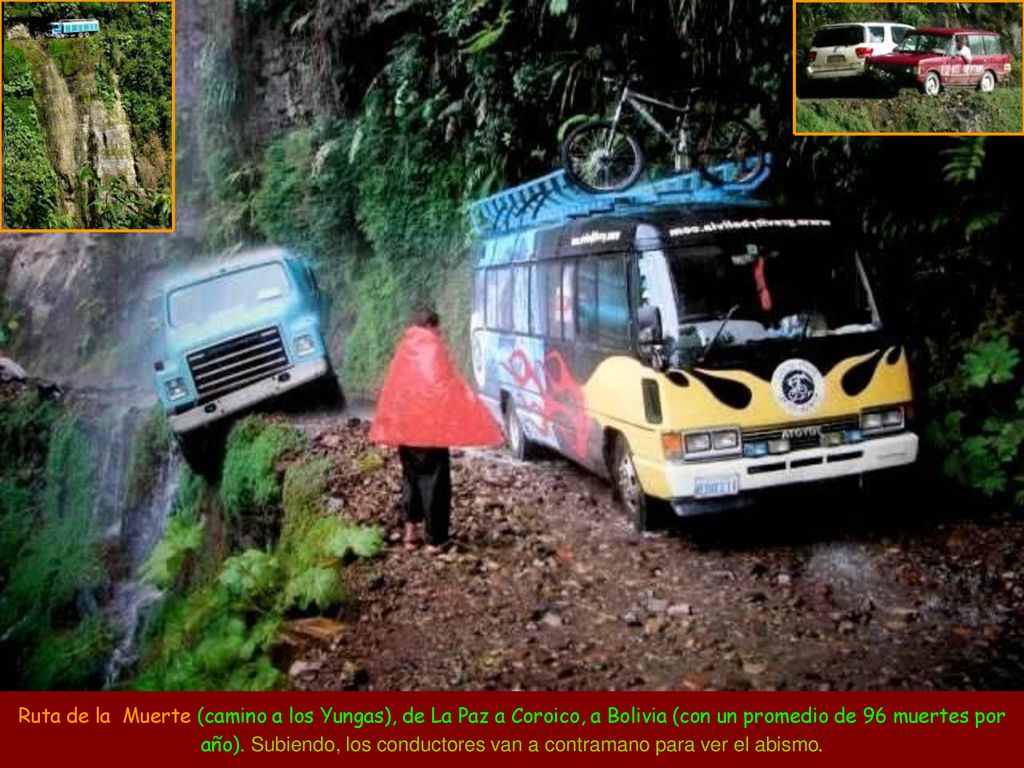 Ruta de la Muerte (camino a los Yungas), de La Paz a Coroico, a Bolivia (con un promedio de 96 muertes por año).
