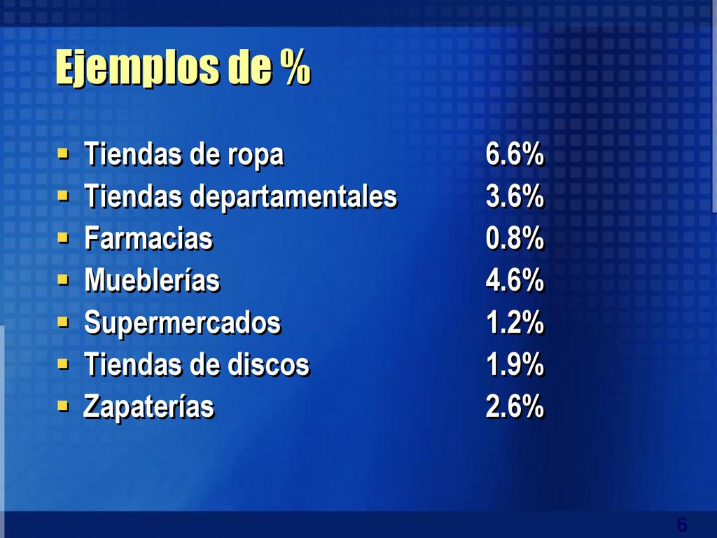 Ejemplos de % Tiendas de ropa 6.6% Tiendas departamentales 3.6%