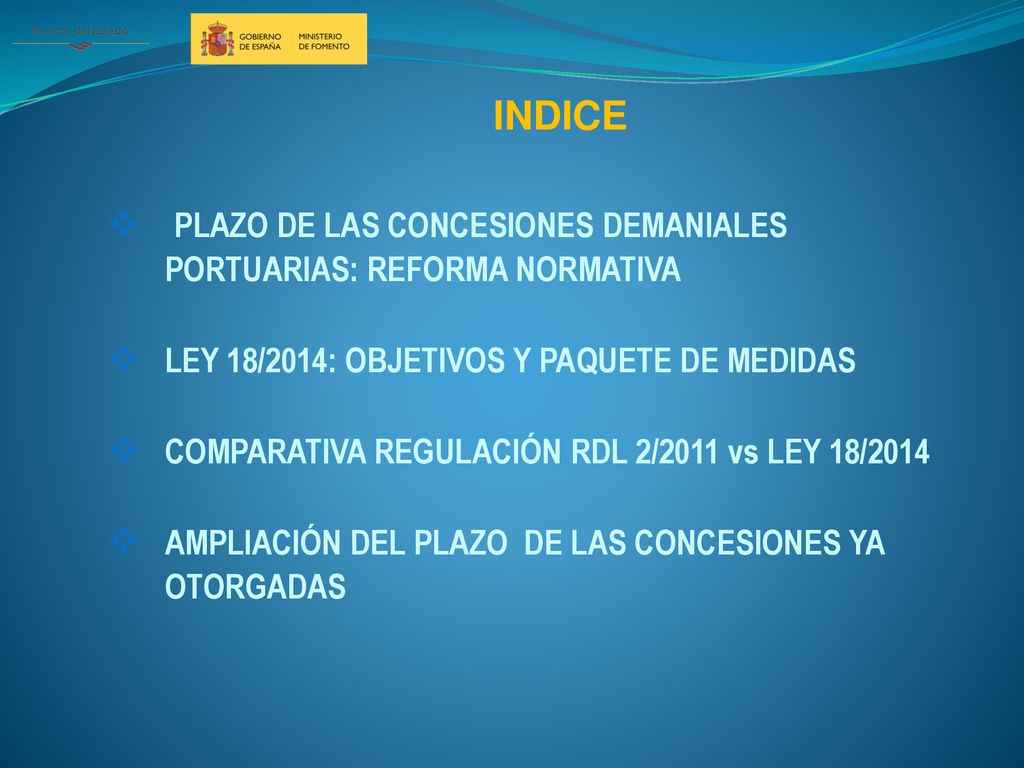 INDICE PLAZO DE LAS CONCESIONES DEMANIALES PORTUARIAS: REFORMA NORMATIVA. LEY 18/2014: OBJETIVOS Y PAQUETE DE MEDIDAS.