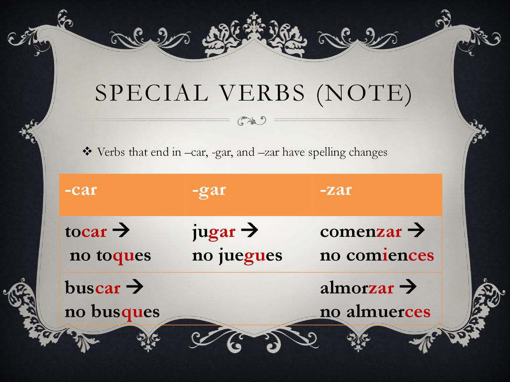 Special verbs (note) -car -gar -zar tocar  no toques jugar 