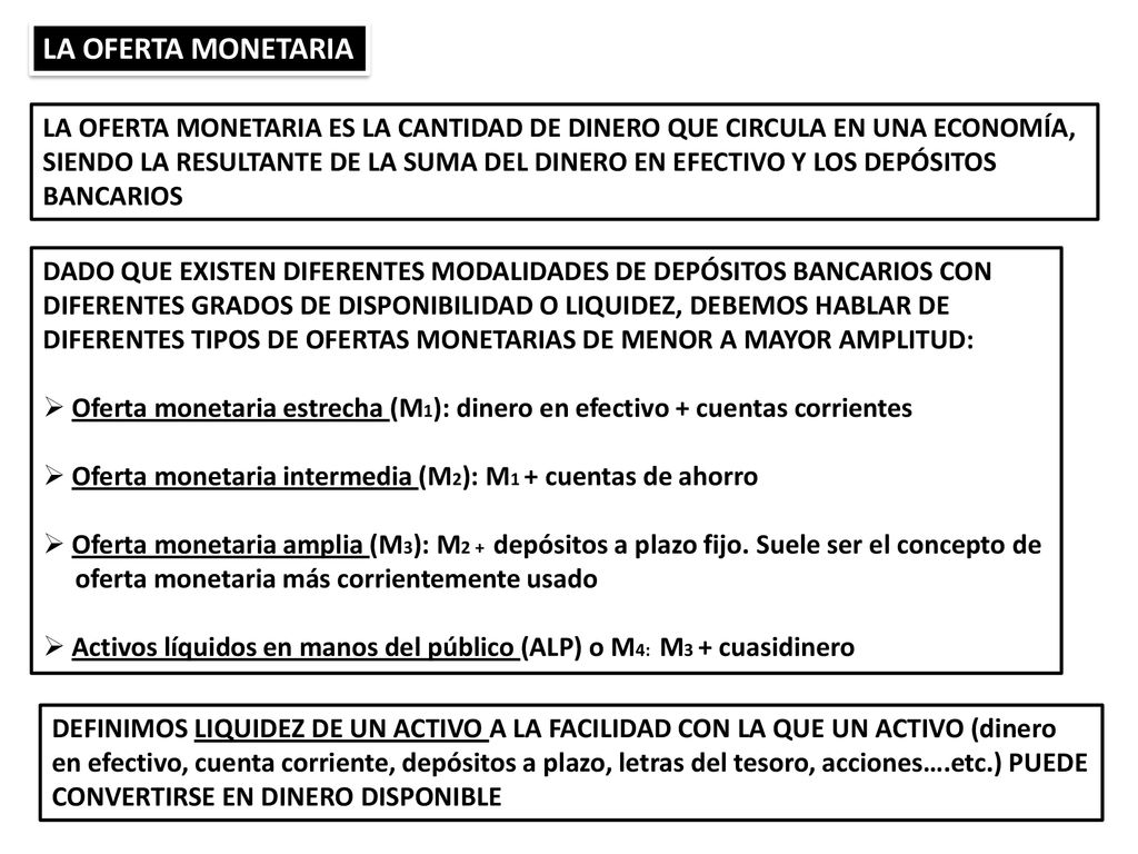 LA OFERTA MONETARIA LA OFERTA MONETARIA ES LA CANTIDAD DE DINERO QUE CIRCULA EN UNA ECONOMÍA,