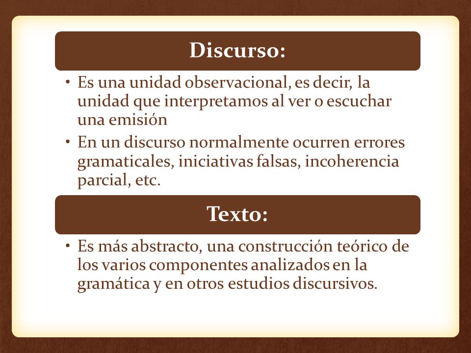 Discurso: Es una unidad observacional, es decir, la unidad que interpretamos al ver o escuchar una emisión.