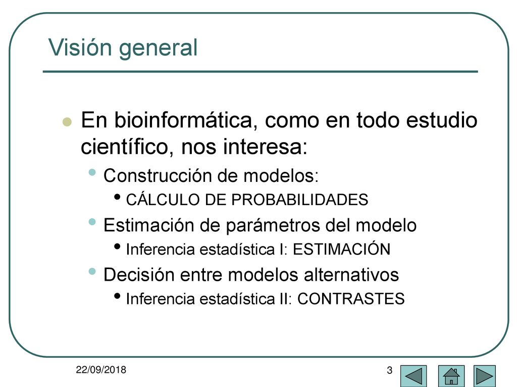 Visión general En bioinformática, como en todo estudio científico, nos interesa: Construcción de modelos: