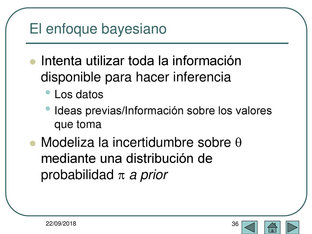 El enfoque bayesiano Intenta utilizar toda la información disponible para hacer inferencia. Los datos.