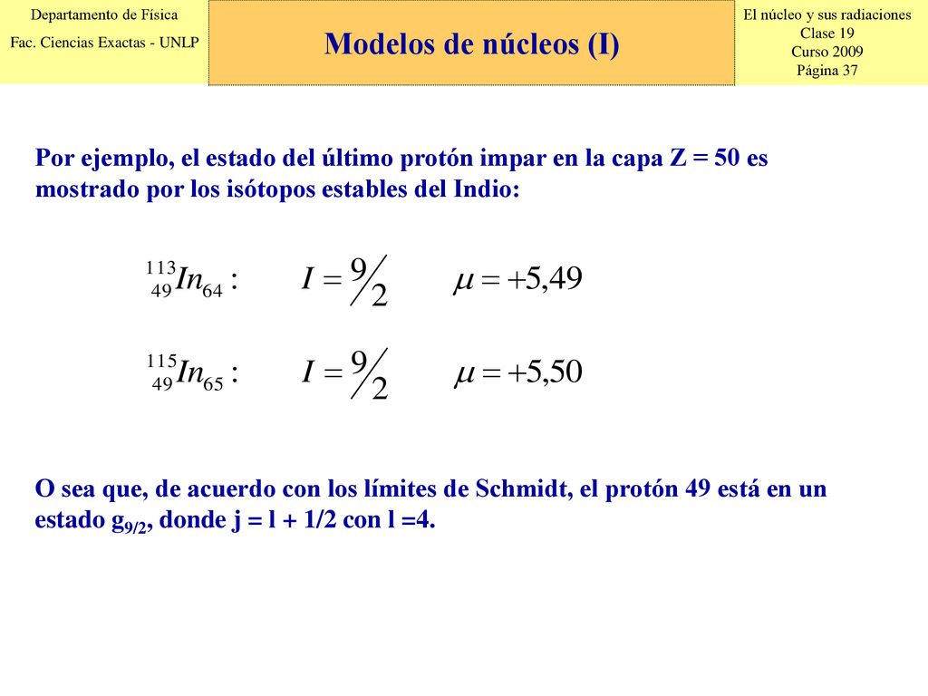 Modelos de núcleos (I) Por ejemplo, el estado del último protón impar en la capa Z = 50 es mostrado por los isótopos estables del Indio:
