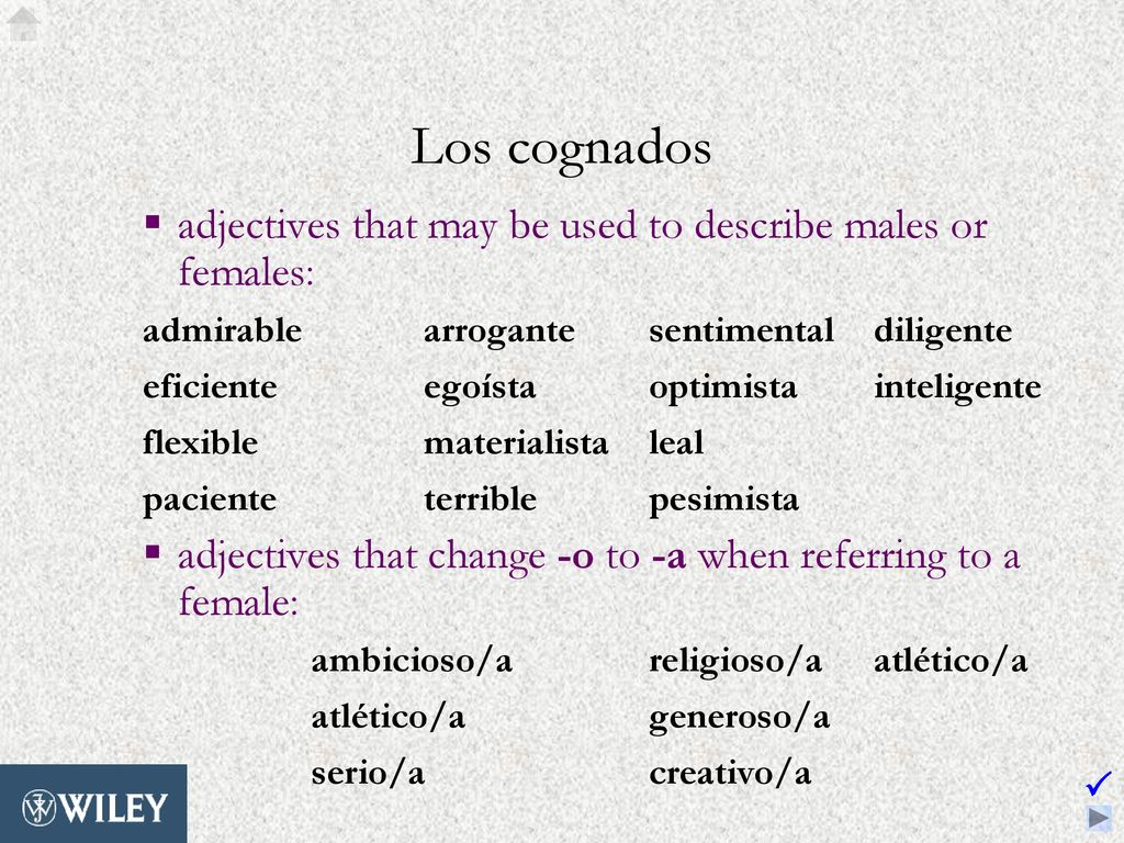 Los cognados adjectives that may be used to describe males or females: