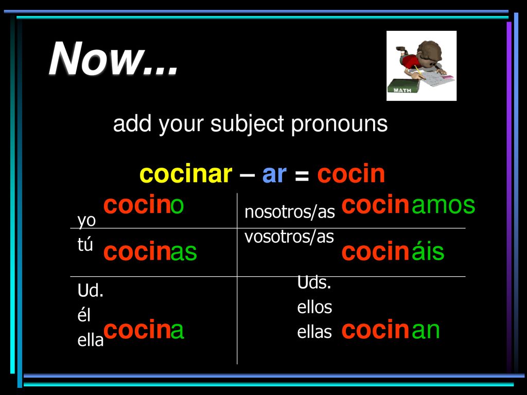 Now... cocinar – ar = cocin cocin o as a cocin amos áis an