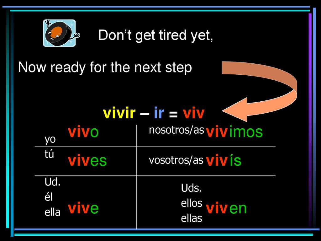 vivir – ir = viv viv o es e viv imos ís en Don’t get tired yet,