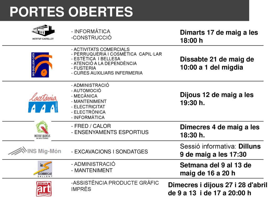 PORTES OBERTES Dimarts 17 de maig a les 18:00 h
