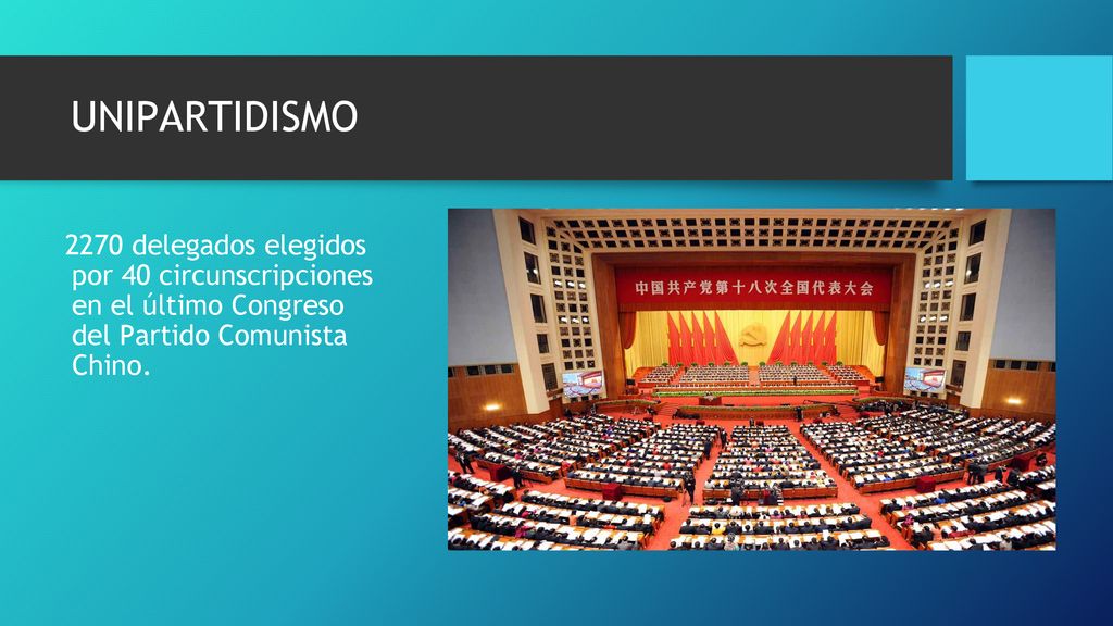 UNIPARTIDISMO 2270 delegados elegidos por 40 circunscripciones en el último Congreso del Partido Comunista Chino.