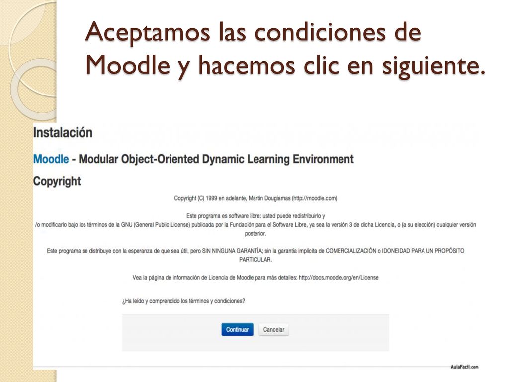 Aceptamos las condiciones de Moodle y hacemos clic en siguiente.