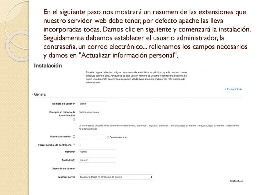 En el siguiente paso nos mostrará un resumen de las extensiones que nuestro servidor web debe tener, por defecto apache las lleva incorporadas todas.
