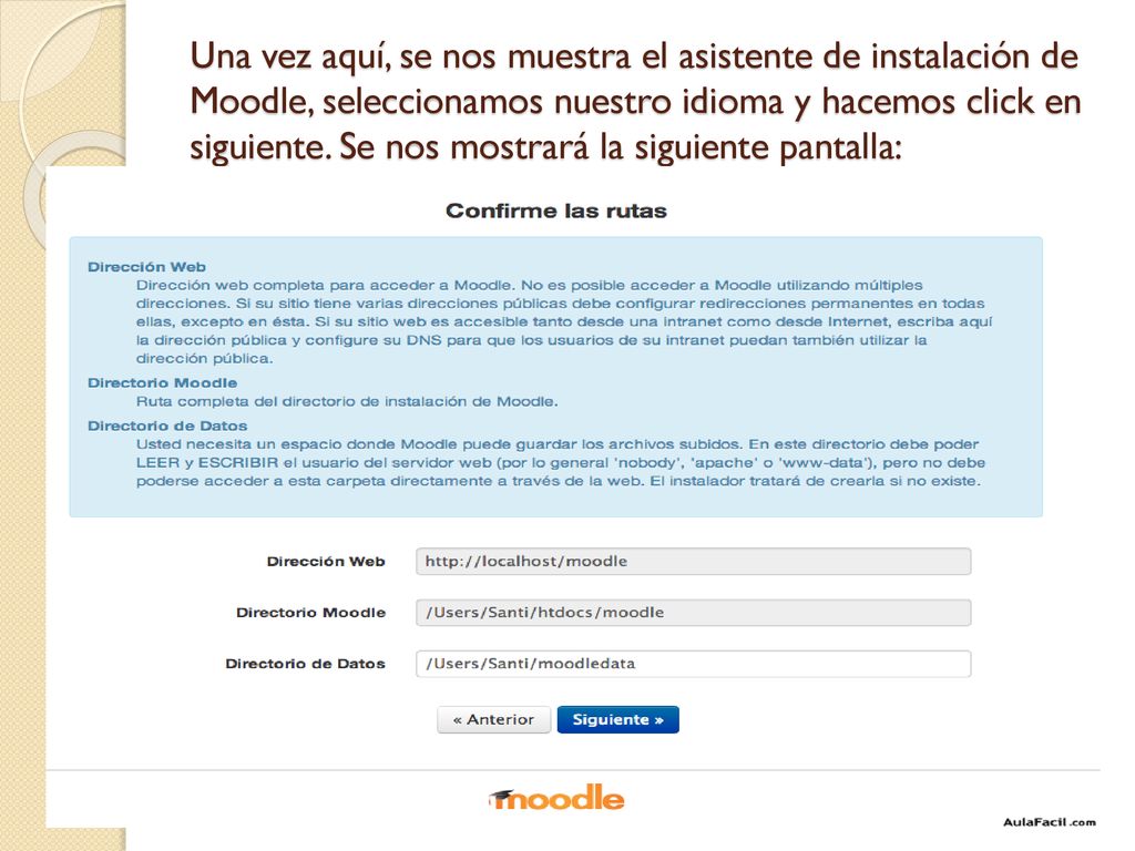 Una vez aquí, se nos muestra el asistente de instalación de Moodle, seleccionamos nuestro idioma y hacemos click en siguiente.
