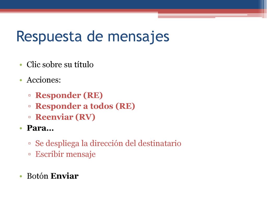 Respuesta de mensajes Clic sobre su título Acciones: Responder (RE)