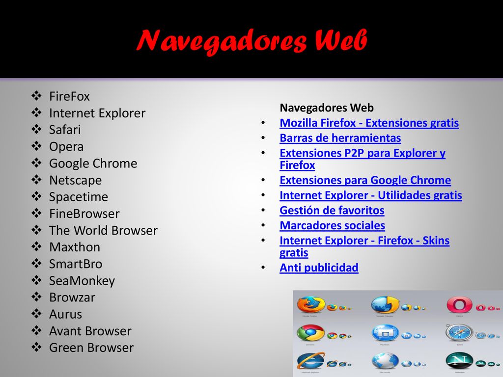 Navegadores Web FireFox Internet Explorer Safari Opera Google Chrome