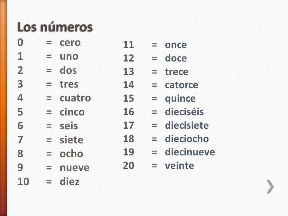 Los números 0 = cero 1 = uno 2 = dos 3 = tres 4 = cuatro 5 = cinco