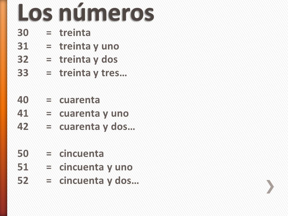 Los números 30 = treinta 31 = treinta y uno 32 = treinta y dos