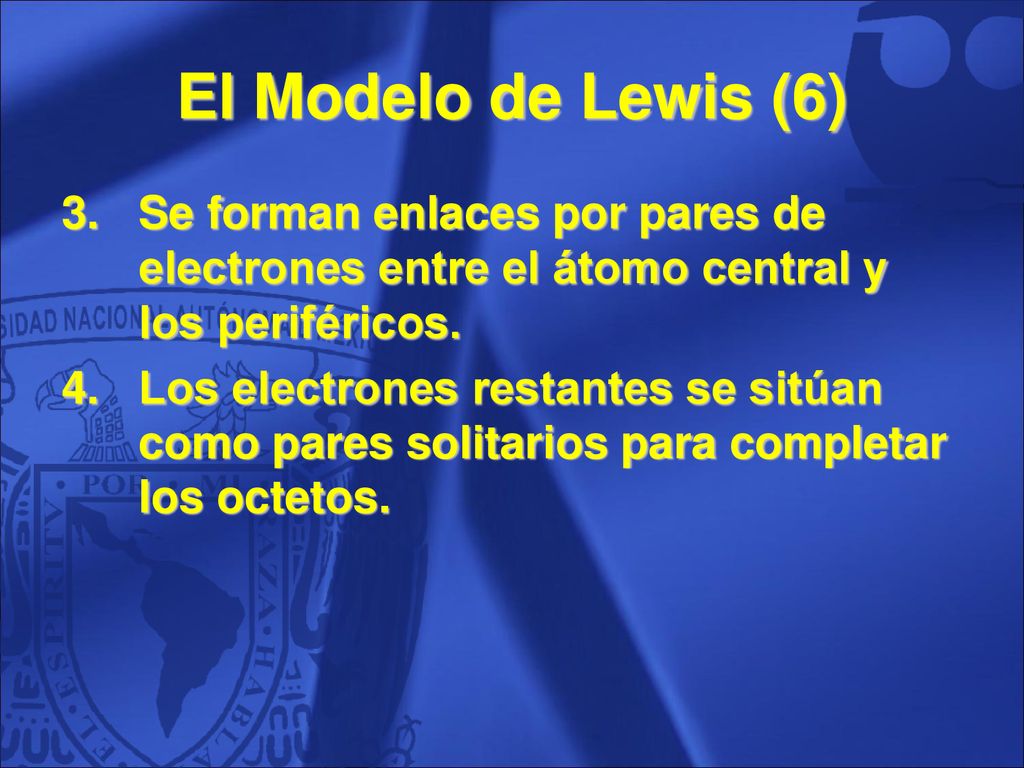 El Modelo de Lewis (6) Se forman enlaces por pares de electrones entre el átomo central y los periféricos.