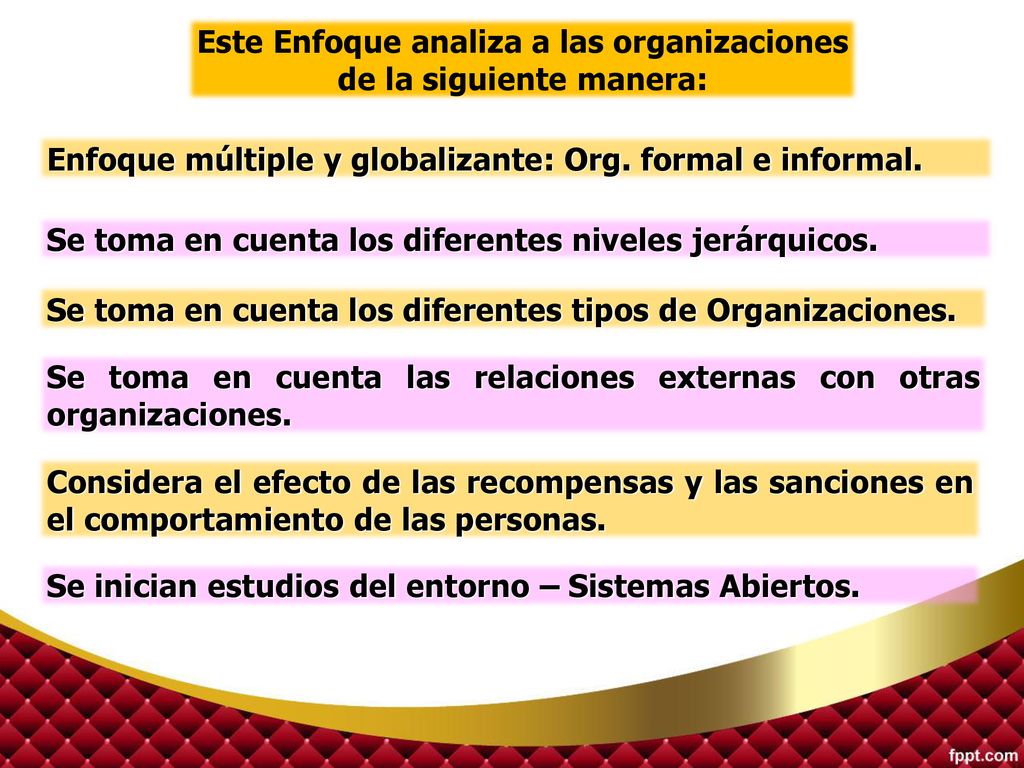Este Enfoque analiza a las organizaciones de la siguiente manera: