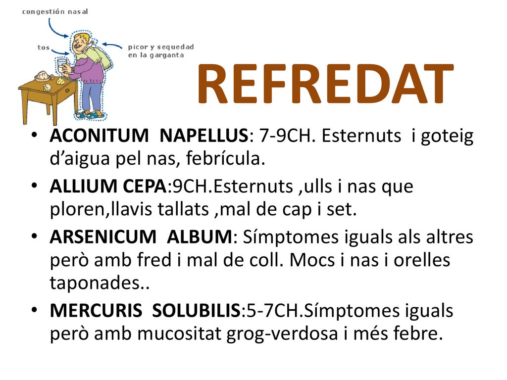 REFREDAT ACONITUM NAPELLUS: 7-9CH. Esternuts i goteig d’aigua pel nas, febrícula.