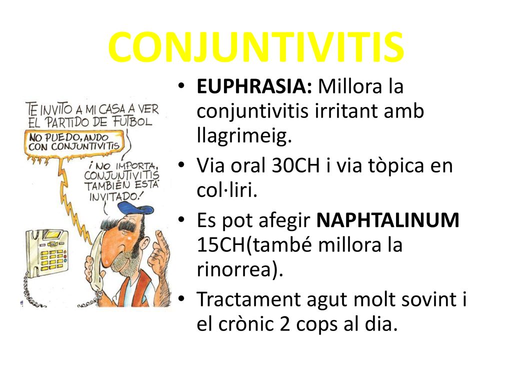 CONJUNTIVITIS EUPHRASIA: Millora la conjuntivitis irritant amb llagrimeig. Via oral 30CH i via tòpica en col·liri.