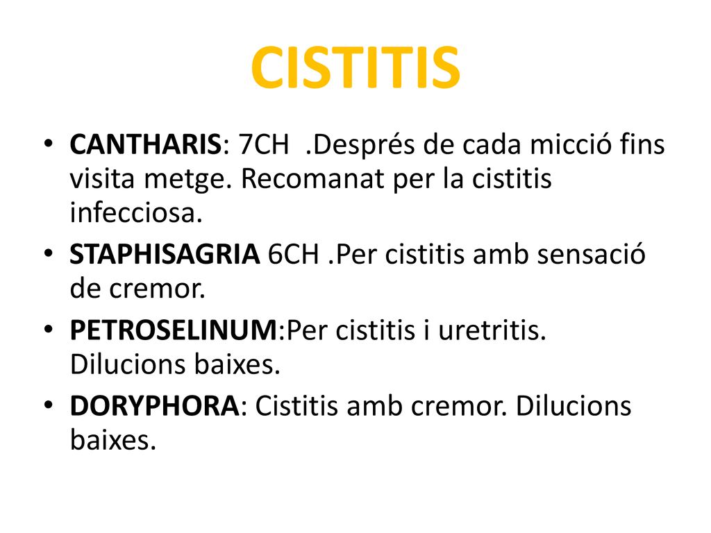 CISTITIS CANTHARIS: 7CH .Després de cada micció fins visita metge. Recomanat per la cistitis infecciosa.