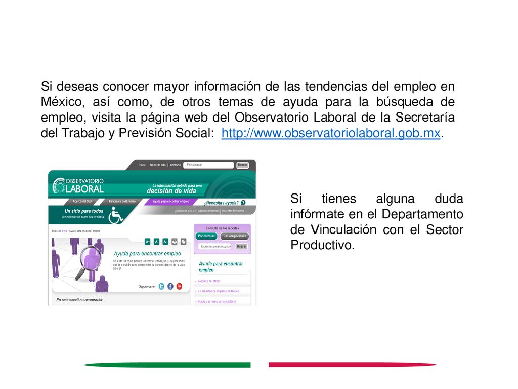 Si deseas conocer mayor información de las tendencias del empleo en México, así como, de otros temas de ayuda para la búsqueda de empleo, visita la página web del Observatorio Laboral de la Secretaría del Trabajo y Previsión Social: