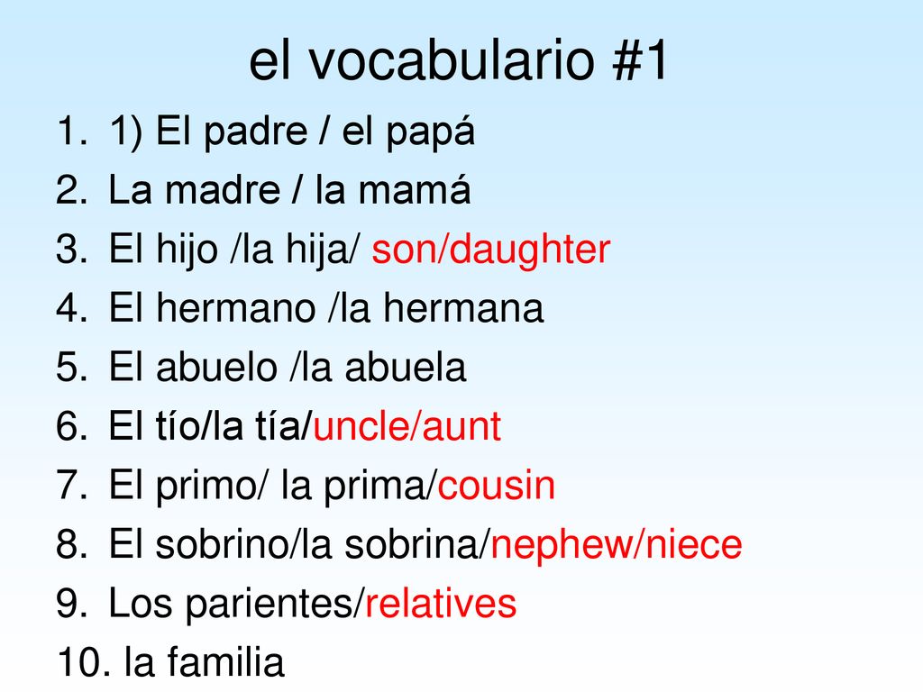 el vocabulario #1 1) El padre / el papá La madre / la mamá