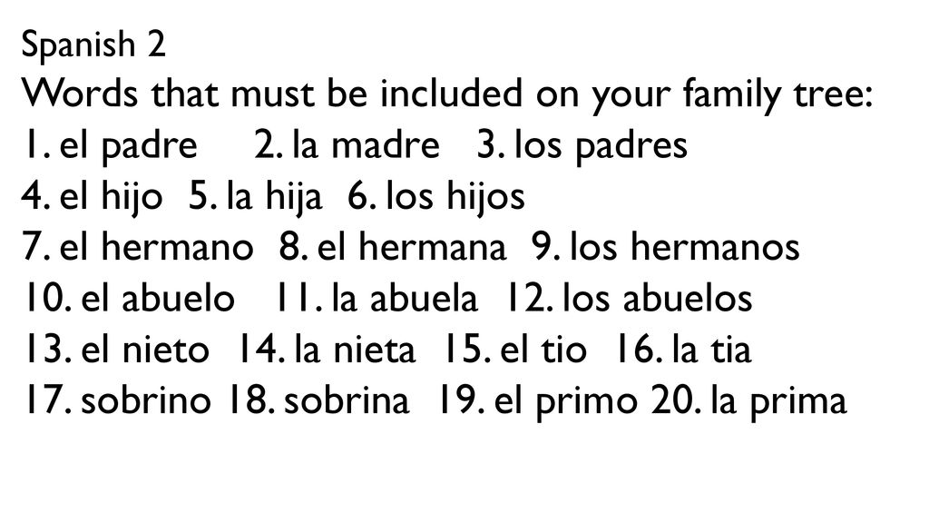 Words that must be included on your family tree: