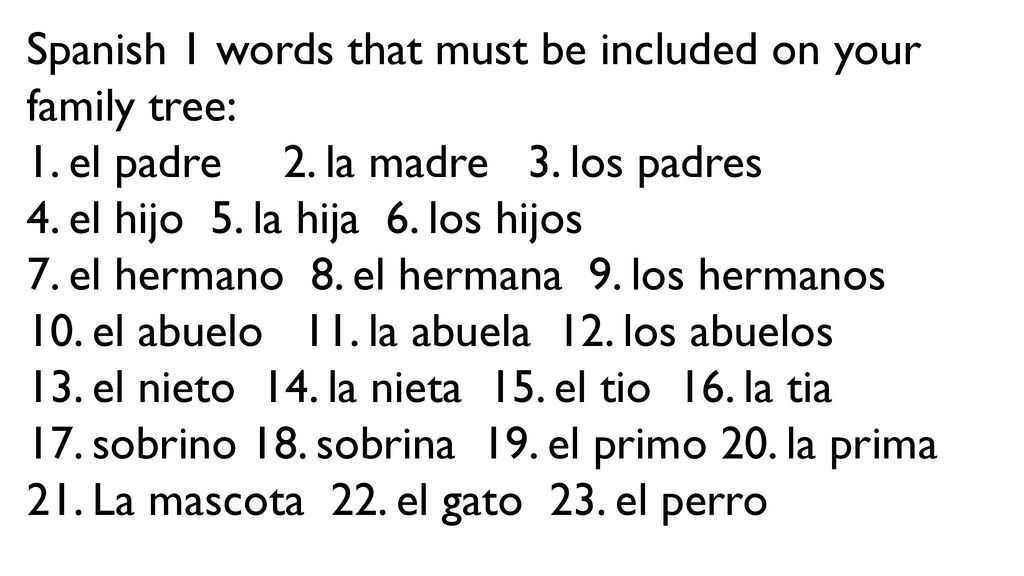 Spanish 1 words that must be included on your family tree: