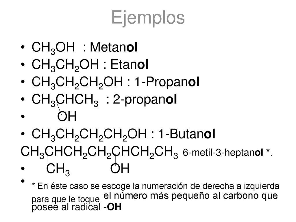Ejemplos CH3OH : Metanol CH3CH2OH : Etanol CH3CH2CH2OH : 1-Propanol