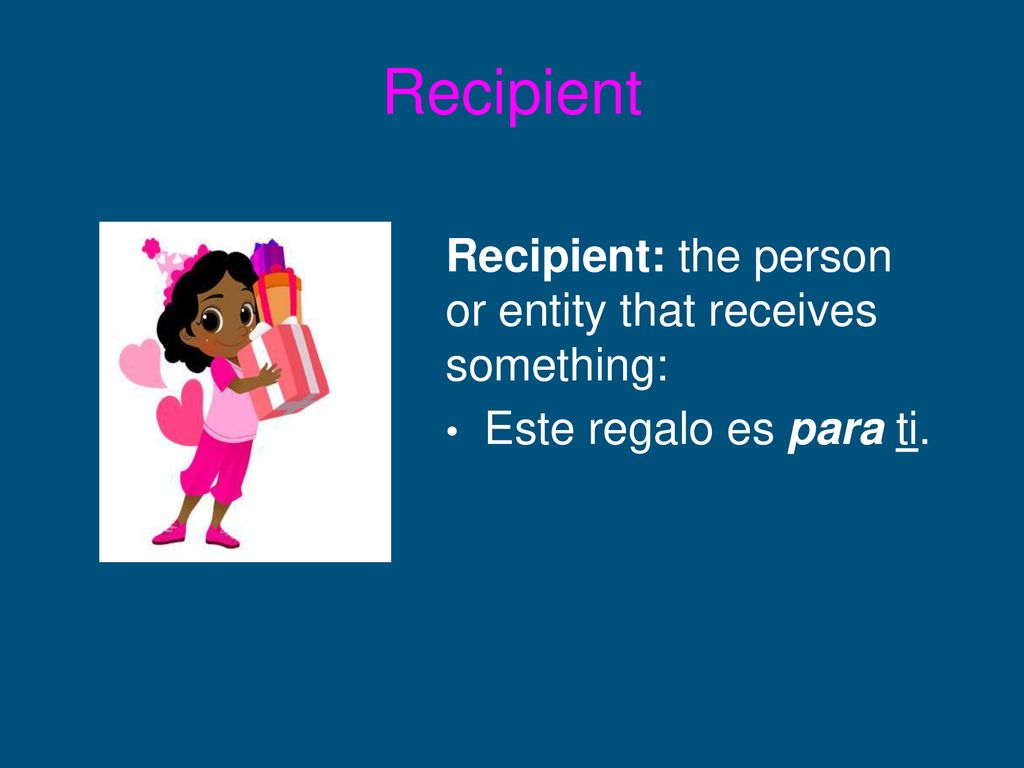 Recipient Recipient: the person or entity that receives something: