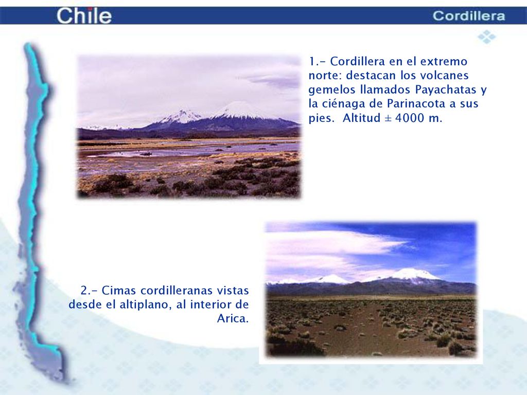 1.- Cordillera en el extremo norte: destacan los volcanes gemelos llamados Payachatas y la ciénaga de Parinacota a sus pies. Altitud ± 4000 m.