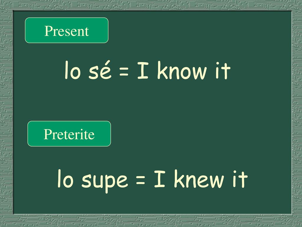 Present lo sé = I know it Preterite lo supe = I knew it