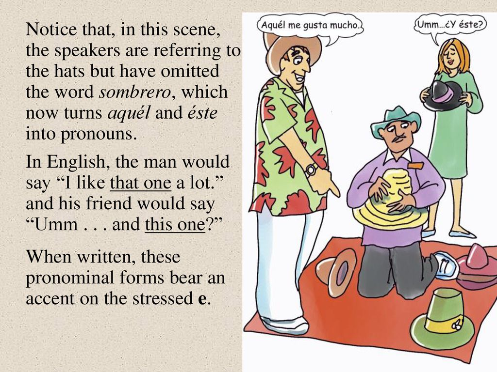 Notice that, in this scene, the speakers are referring to the hats but have omitted the word sombrero, which now turns aquél and éste into pronouns.