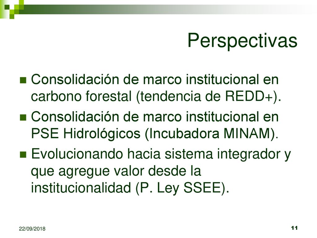 Perspectivas Consolidación de marco institucional en carbono forestal (tendencia de REDD+).