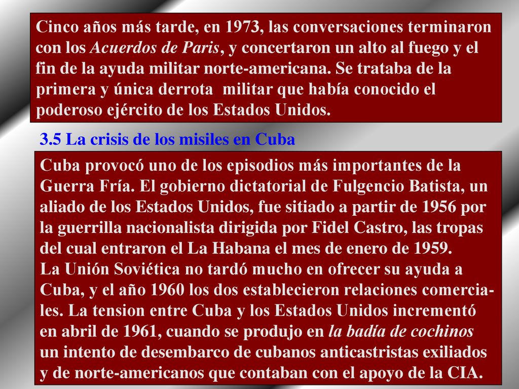 Cinco años más tarde, en 1973, las conversaciones terminaron con los Acuerdos de Paris, y concertaron un alto al fuego y el fin de la ayuda militar norte-americana. Se trataba de la primera y única derrota militar que había conocido el poderoso ejército de los Estados Unidos.