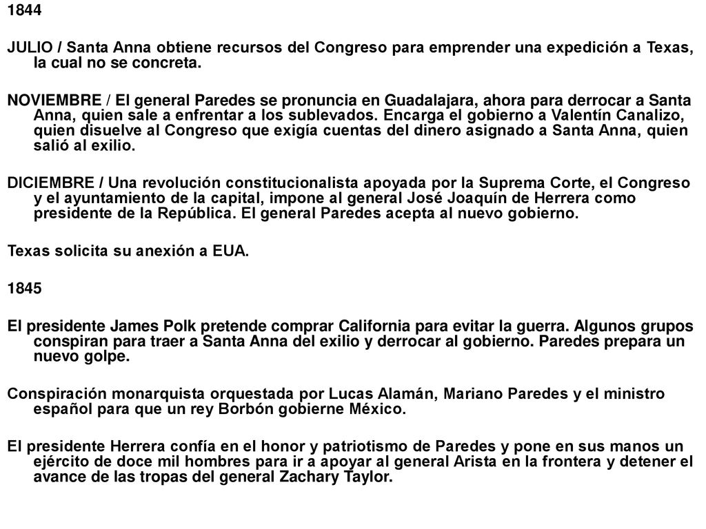 1844 JULIO / Santa Anna obtiene recursos del Congreso para emprender una expedición a Texas, la cual no se concreta.