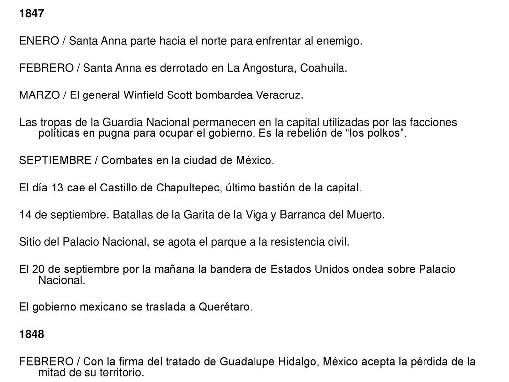 1847 ENERO / Santa Anna parte hacia el norte para enfrentar al enemigo. FEBRERO / Santa Anna es derrotado en La Angostura, Coahuila.