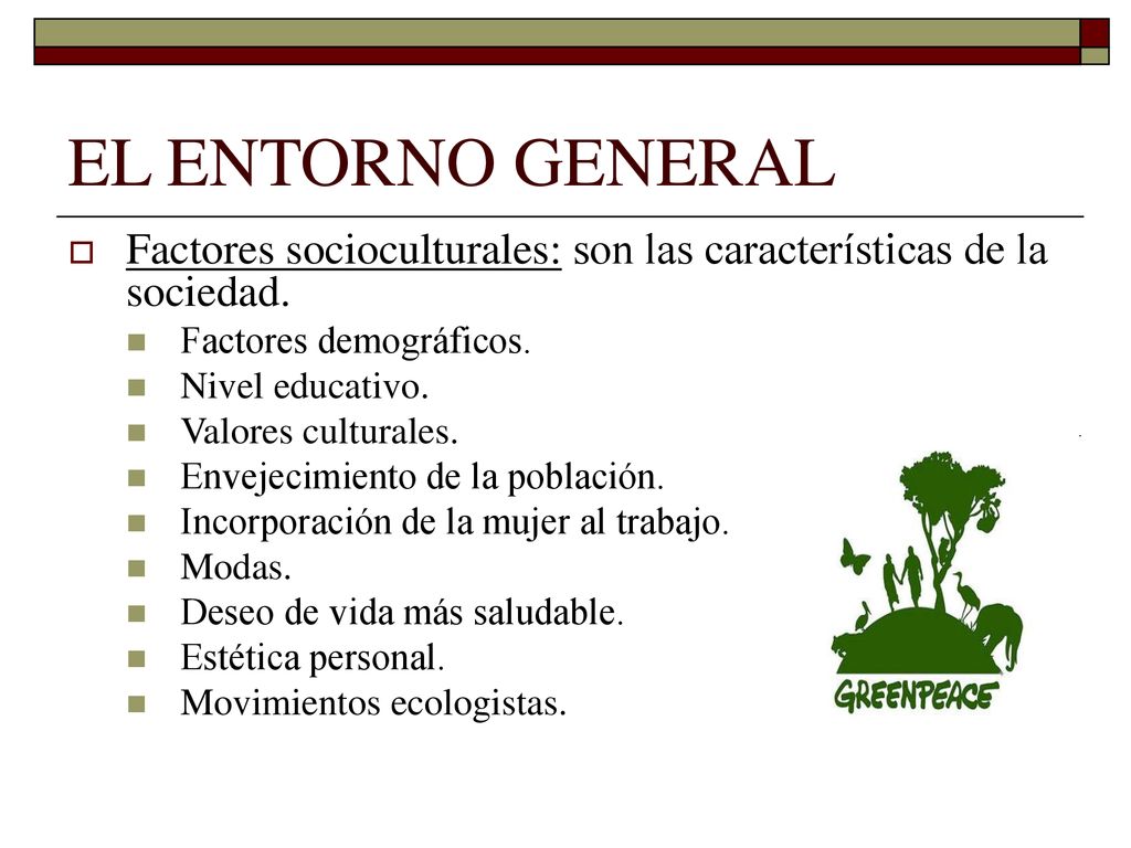 EL ENTORNO GENERAL Factores socioculturales: son las características de la sociedad. Factores demográficos.