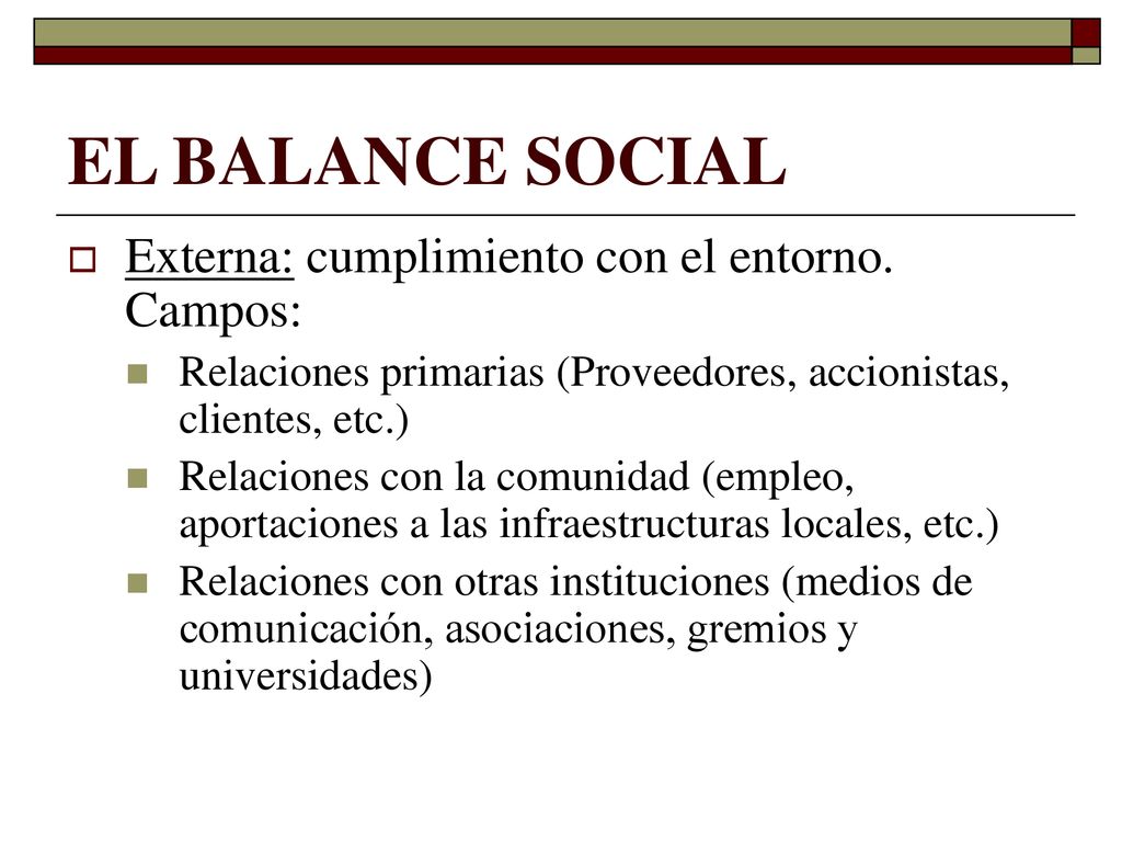 EL BALANCE SOCIAL Externa: cumplimiento con el entorno. Campos: