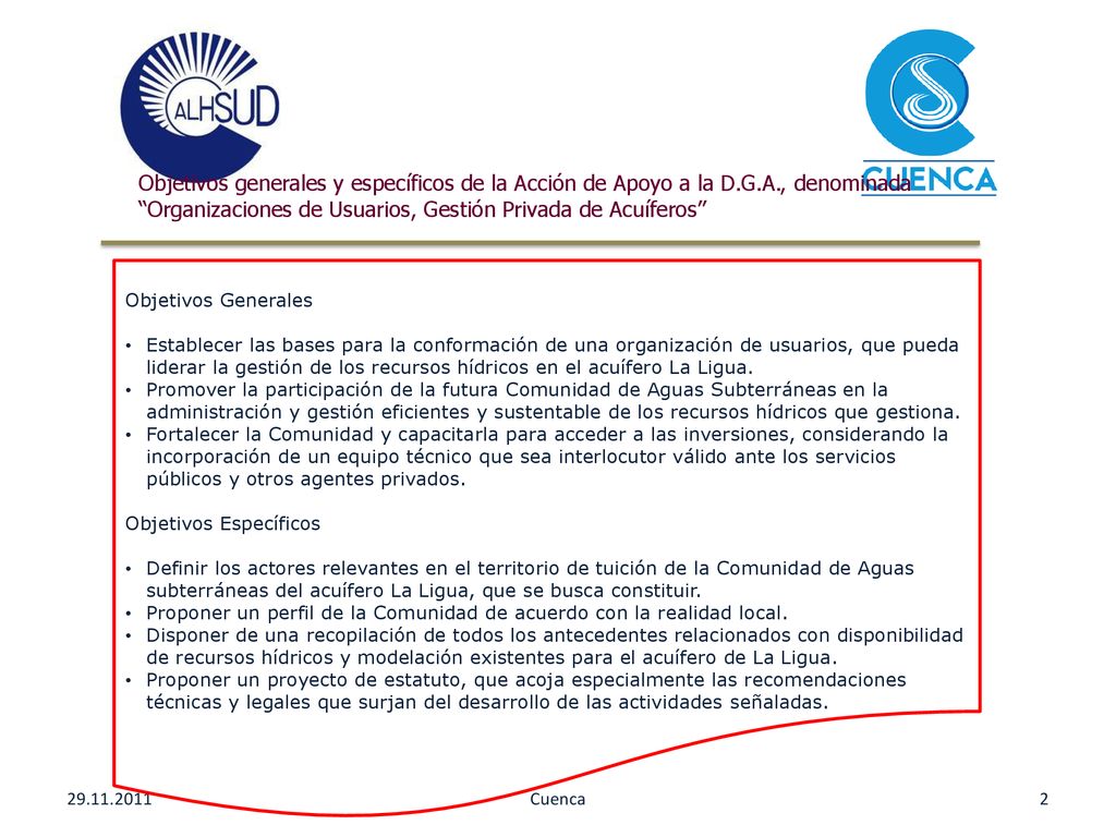 Objetivos generales y específicos de la Acción de Apoyo a la D. G. A